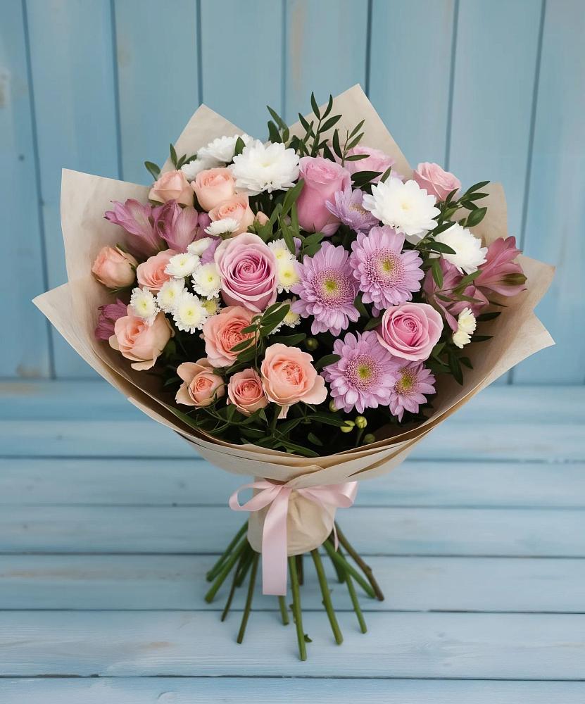 Букет цветов из: Хризантемы, Розы и Альстромерии в Электроизолятор